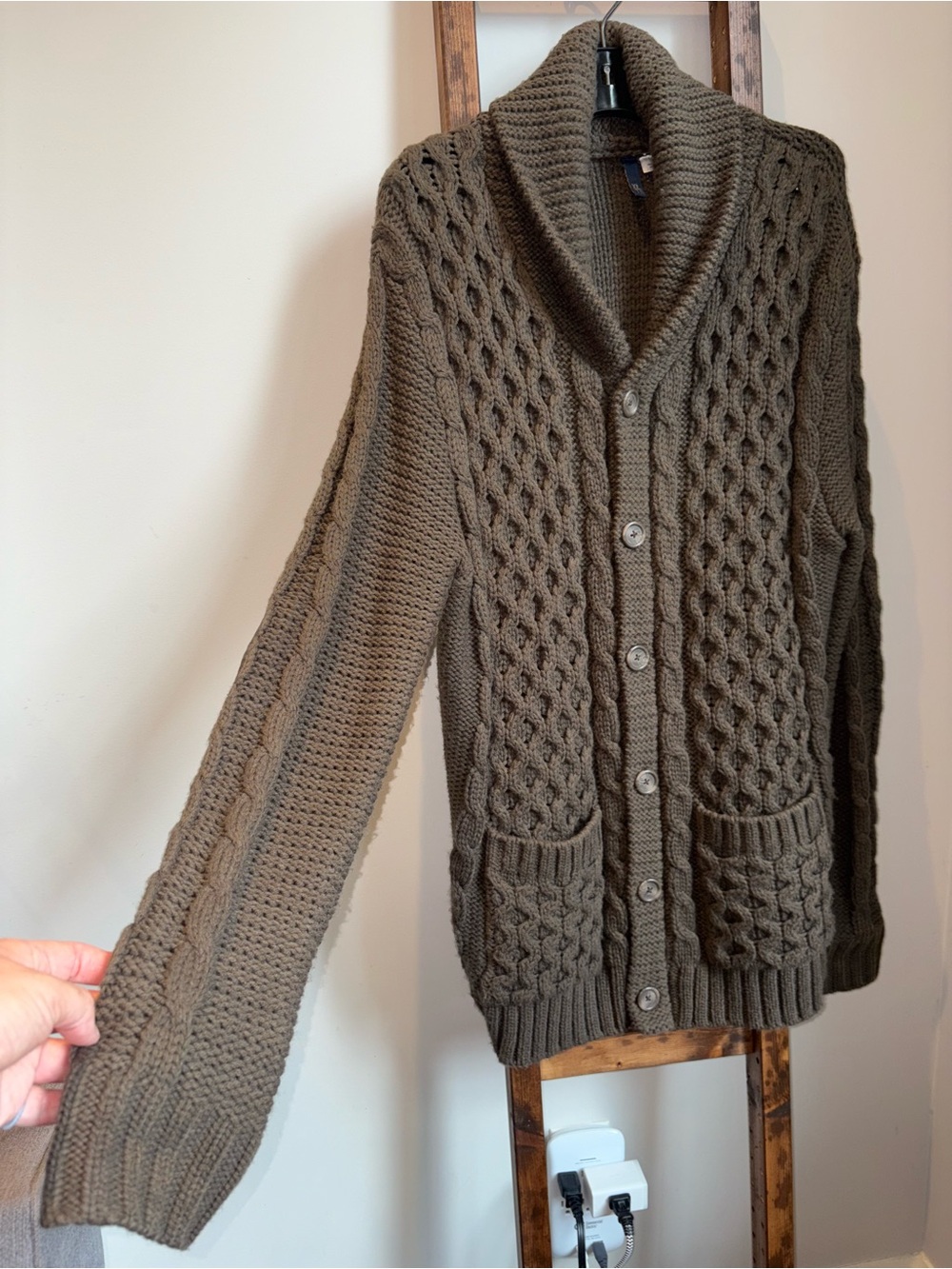 H&M Men’s XL Fisherman Cardigan Sweater Chocolate Brown Cable Knit Elbow Patches